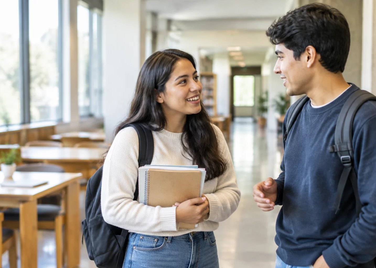 Dos jóvenes con mochila, charlando en un pasillo