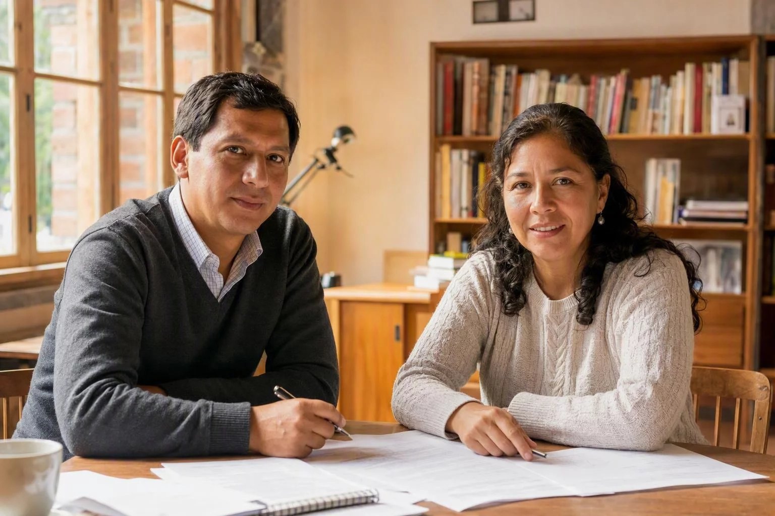 Dos asistentes en la mesa de trabajo, entre hojas y anotaciones