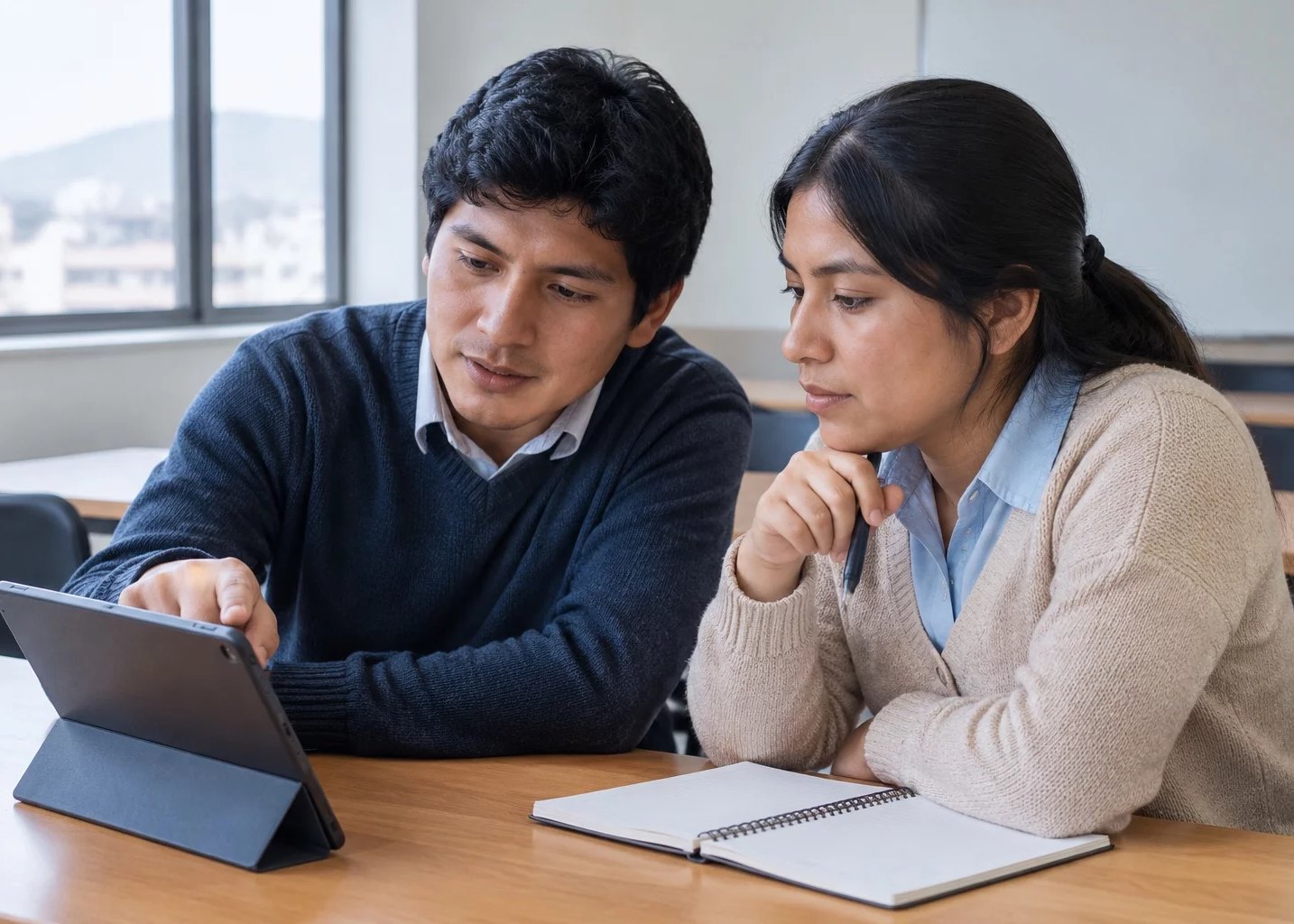 Dos personas inclinadas sobre una tablet con anotaciones