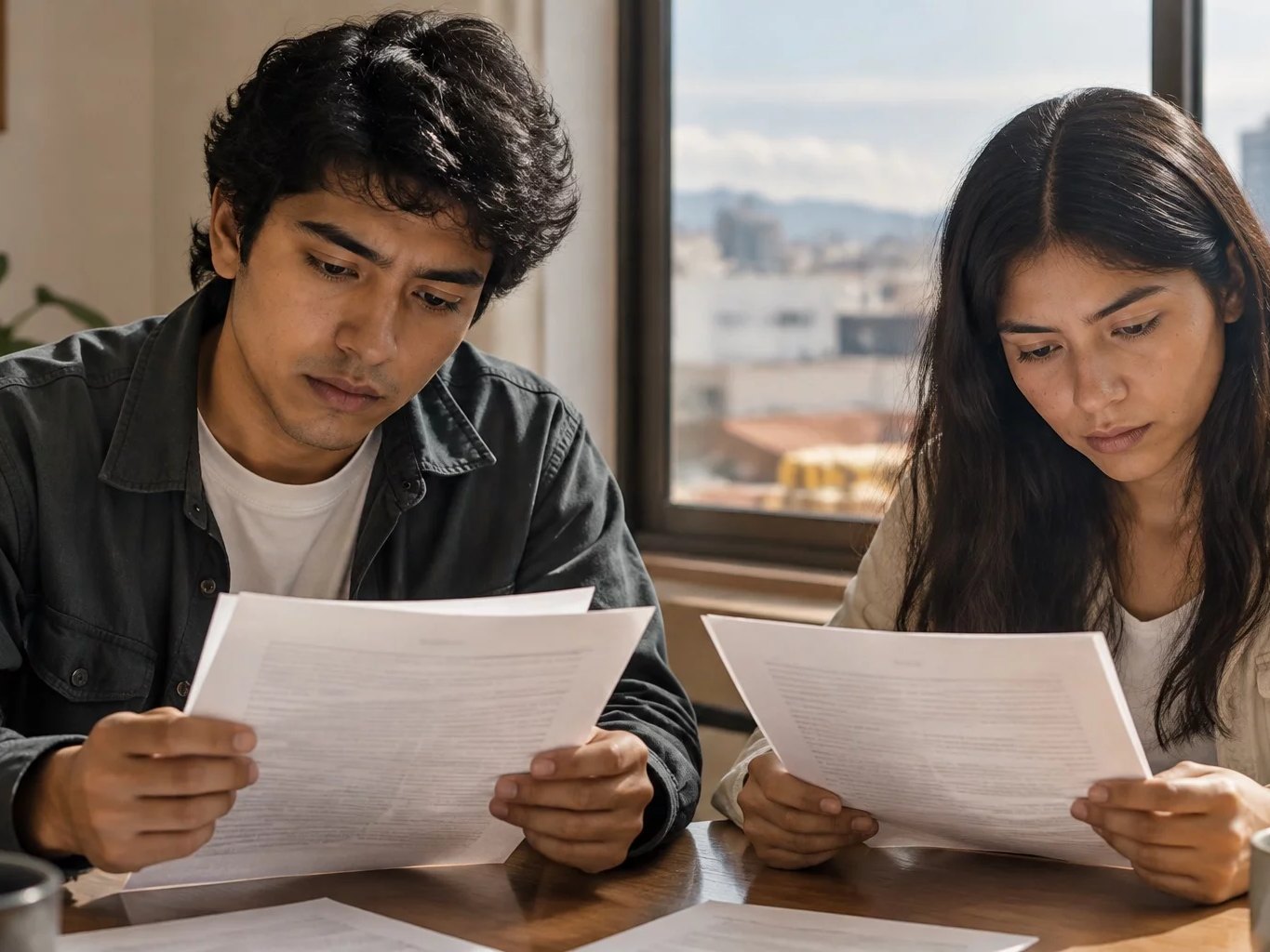 Dos asistentes leyendo juntos las hojas del caso