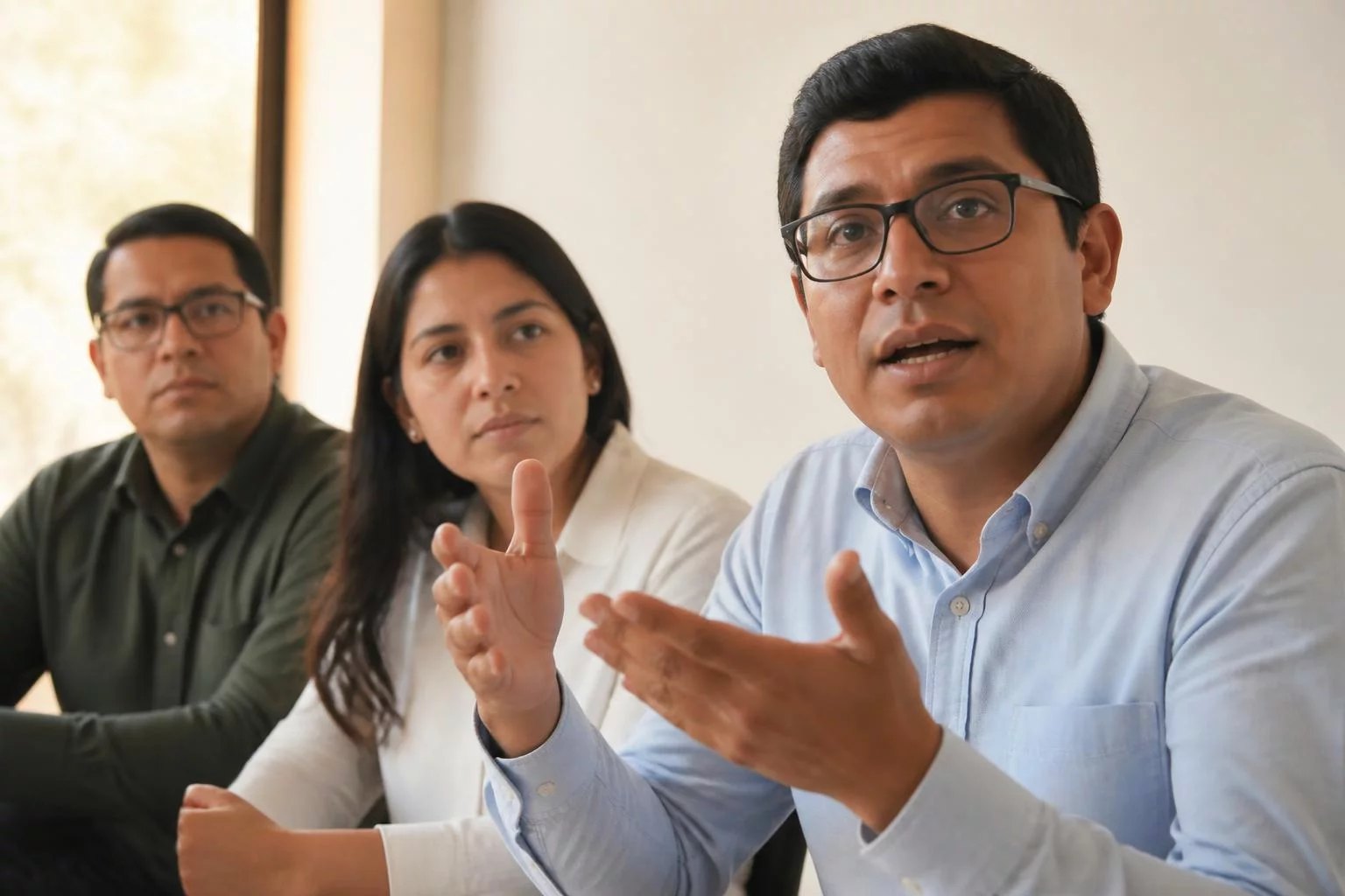 Tres personas en una sala de reuniones, una de ellas argumentando